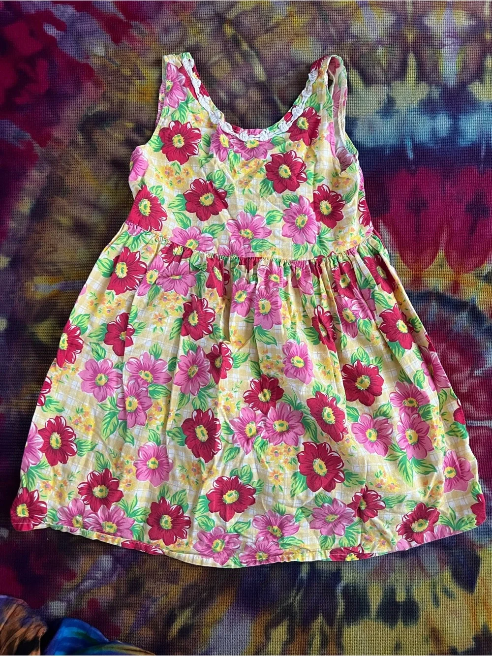 VTG 90s Girls Floral Gingham Sun Dress Crochet Trim Open Back